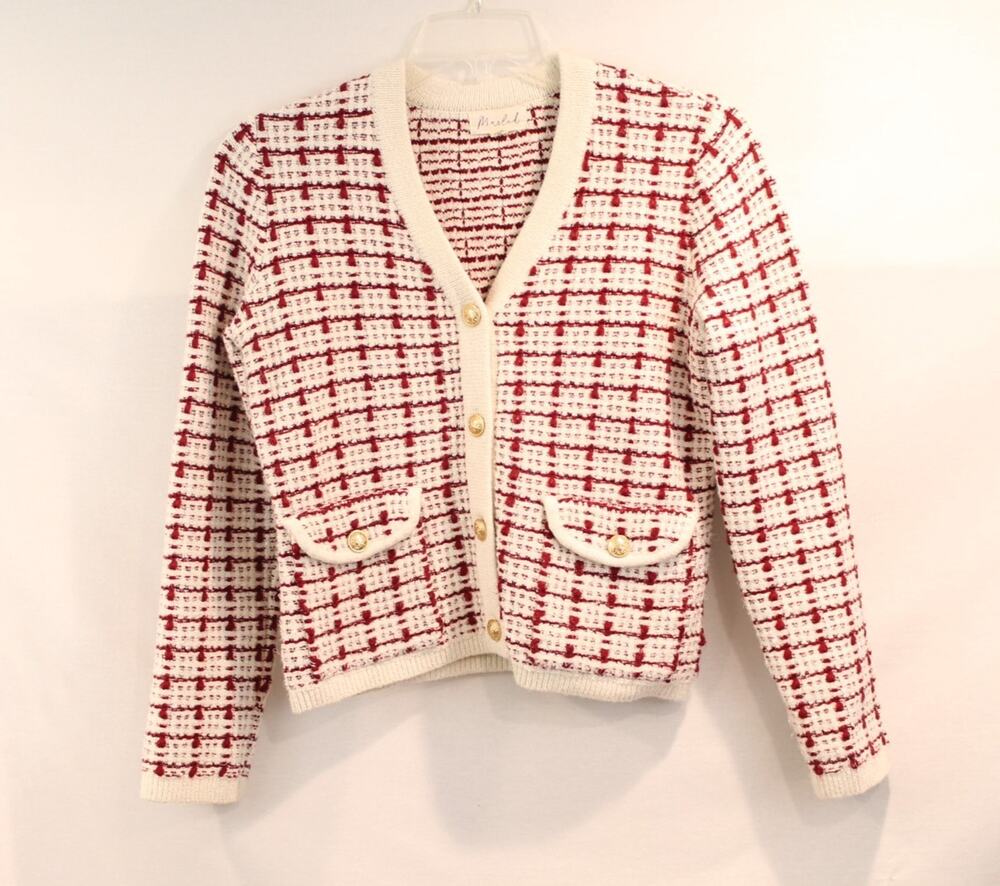 Marled Knit Tweed Effect Cardigan Sweater Womens M Red Cream Embossed Buttons